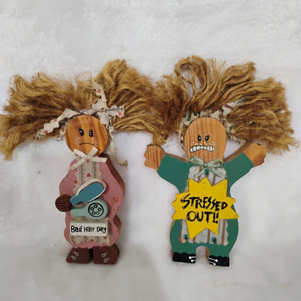 2 Vtg 90s House of Lloyd Wooden Shelf Sitters Bad Hair Day Stressed Out Decor P